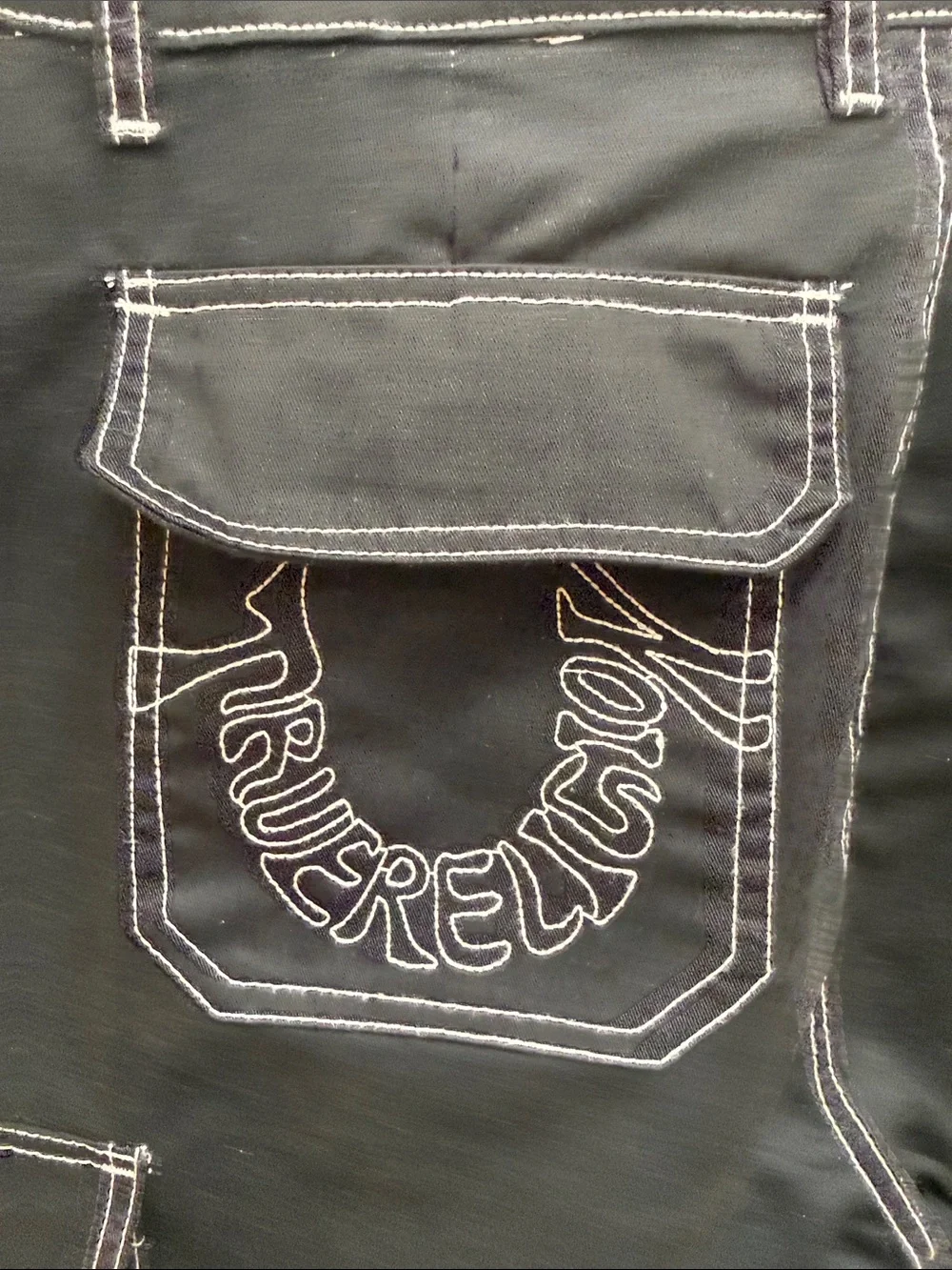 True Religion Black Cargo Shorts with White Contrast Stitching